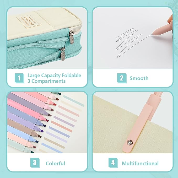 Henoyso 18 Set Aesthetic School Supplies Include Big Capacity Study Pen Bag with Zipper 12 Pcs Chisel Tip Bible Highlighters 5 Pcs Quick Dry Retractable Black Ink Pens for Student Office(Light Green)