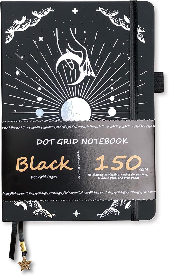 BUKE Dotted Journal - 150gsm Black Paper - 5 * 5mm DOT GRID Layout 160 Pages - A5 Size PU Leather Hardcover Drawing Sketch Notebook (Black)