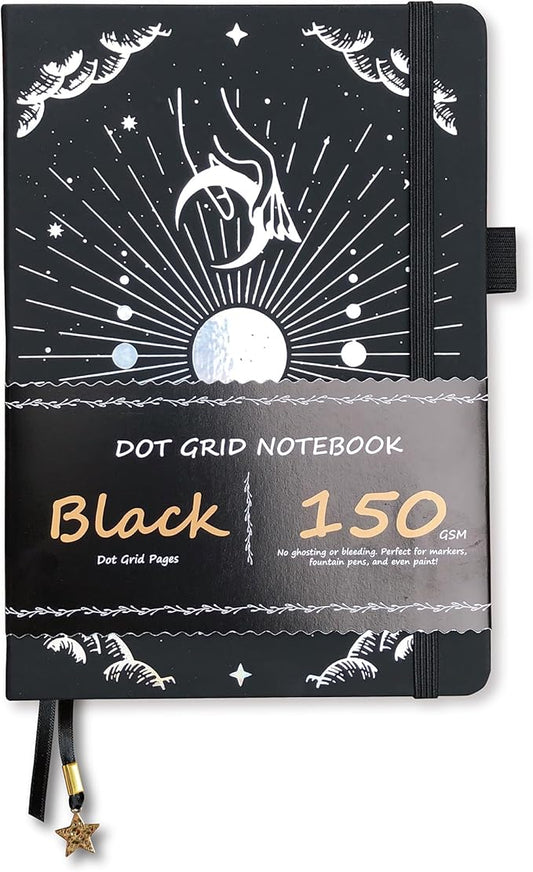 BUKE Dotted Journal - 150gsm Black Paper - 5 * 5mm DOT GRID Layout 160 Pages - A5 Size PU Leather Hardcover Drawing Sketch Notebook (Black)