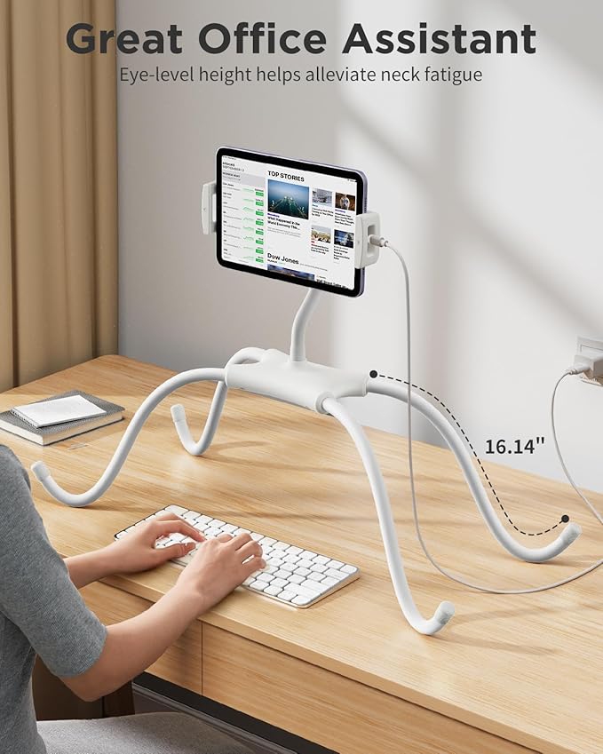 SAIJI iPad Stand, Adjustable Ergonomic Tablet Holder for Bed, Kindle Stand for Reading in Bed Fit for Tablet, Phone, Kindle, Portable Monitor, Switch and More 4.7"-17.3" Devices (White)