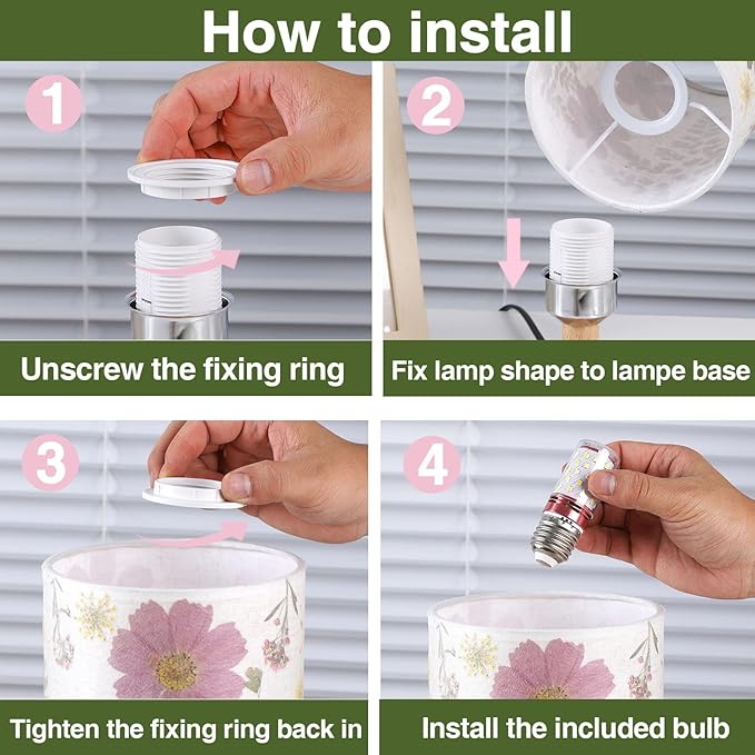 Dried Flowers Table Lamp 5W LED 3-Color Pressed Flower Bedside Lamp Linen Shade with Wood Base for Bedroom Living Room Desk Office