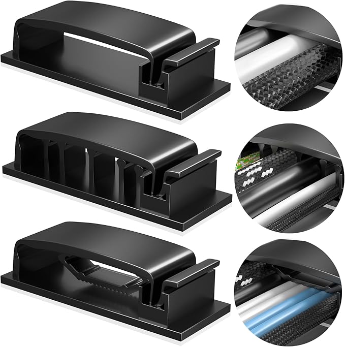 Cable Clips 50Pcs, Cable Management Under Desk Self Adhesive Cable Management Clips, 3 Functions Cord Holder, Large Cable Organizer Wire Keeper for Home Office Desk Phone Car Wall Desktop (Black)