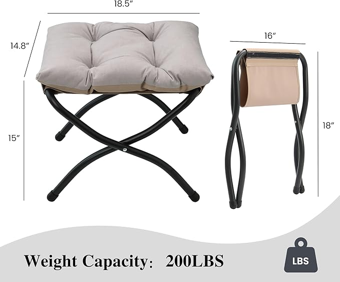 15"(H) Folding Ottoman, Foldable Footrest Stool, Portable Small Foot Stool for Couch, Collapsible Foot Rest Ottoman for Sofa, Accent Padded Ottomans for Home, Living Room, Light Grey