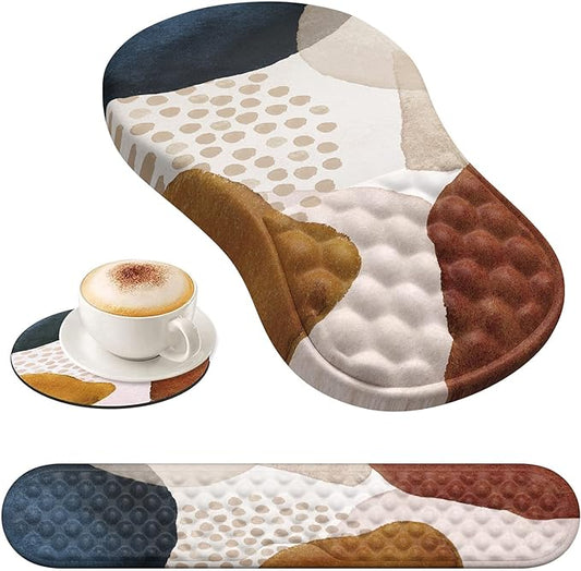 HAOCOO Ergonomic Mouse Pad Wrist Support and Keyboard Wrist Rest, 3 PCS Computer Carpal Tunnel Mouse Pads for Desk with Coaster Set, Memory Foam Mousepad with Non-Slip PU Base for Home Office, Boho