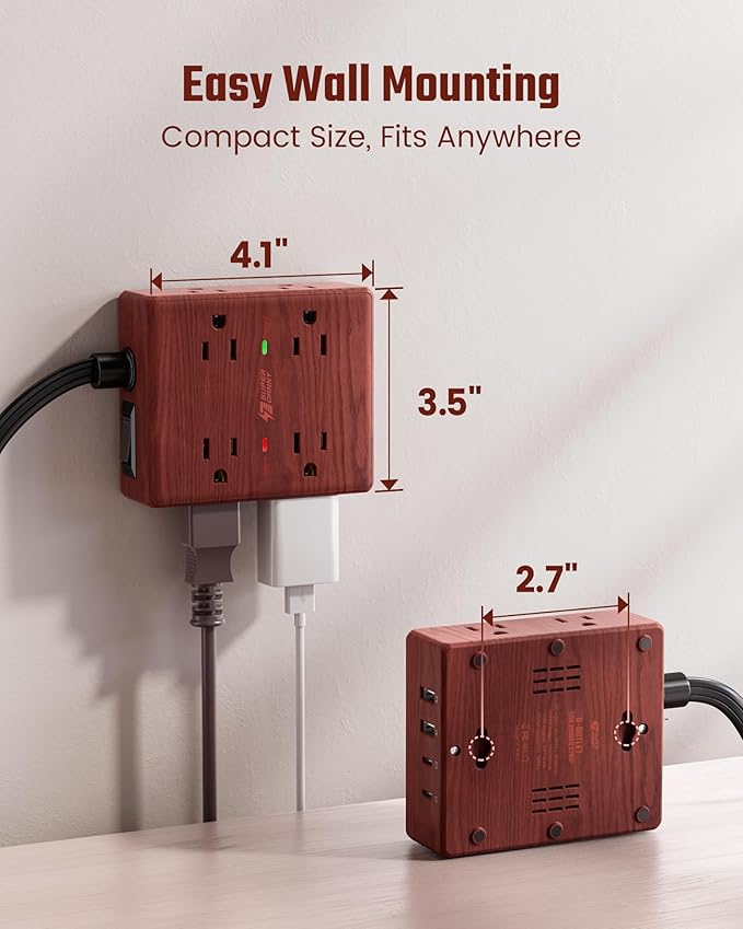 Brown Extension Cord 10Ft, Flat Plug Power Strip Surge Protector, 8 Outlet 4 USB Ports (2 USB C), Wall Mountable, Decorative Wood Charging Station for Home Office Desk Accessories —Walnut Wood