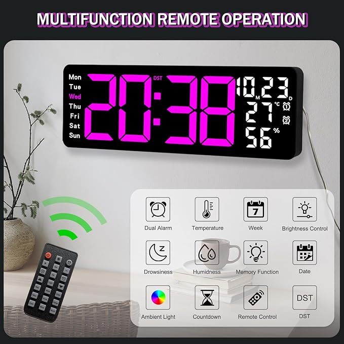 JoFomp 17.3" Large Digital Wall Clock, LED Digital Clock Large Display with Remote Control, Alarm Clock with Temp/DST/Dimmer/Humidity/Timer/Ambient Light - 12/24H, Alarm Wall Clock for Bedroom
