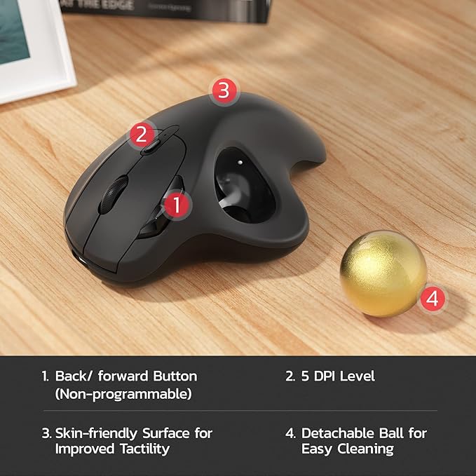 Nulea M501 Wireless Trackball Mouse, Rechargeable Ergonomic, Easy Thumb Control, Precise & Smooth Tracking, 3 Device Connection (Bluetooth or USB Receiver), Compatible for PC, Laptop, Mac, Windows.