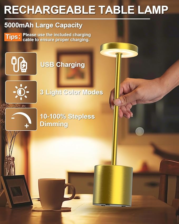 Cordless Table Lamps Rechargeable Set of 2, Portable LED Desk Lamp, 5000mAh Battery Powered Wireless Table Light - 3 Color Dimmable Lighting for Restaurant Dining Patio Outdoor Bedroom(Gold)