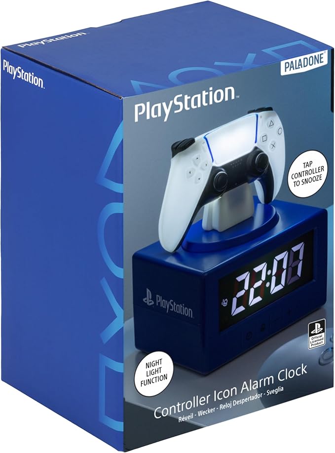 Paladone PlayStation DualSense Controller Digital Alarm Clock with Night Light Function - Officially Licensed Gaming & Bedroom Décor for Kids & Teens, White, Blue
