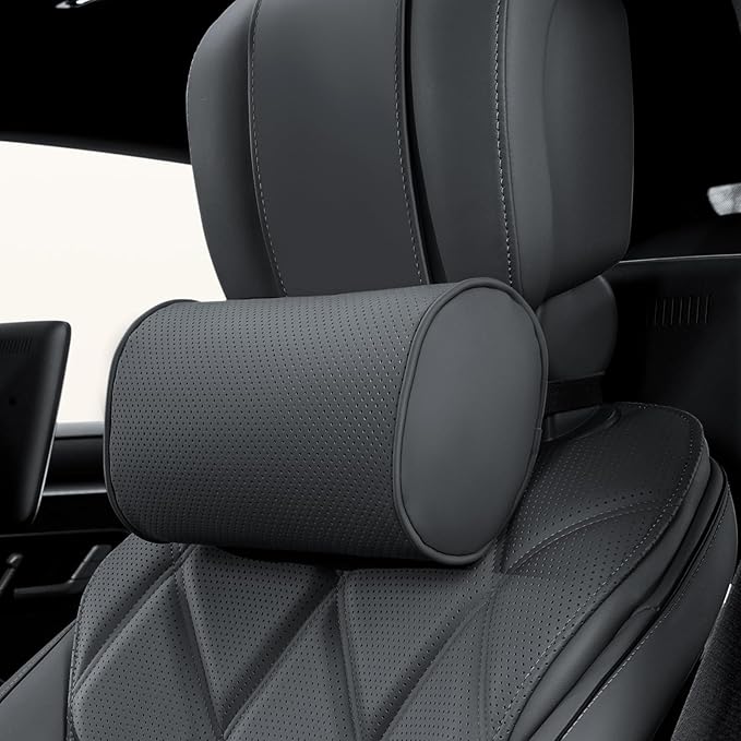 Car Headrest Pillow for Driving - Luxury Leather 100% Memory Foam, Ergonomic Neck Support - Universal Fit Head Rest Travel Pillow for Most Cars, Home & Office, Black, 1 Pack