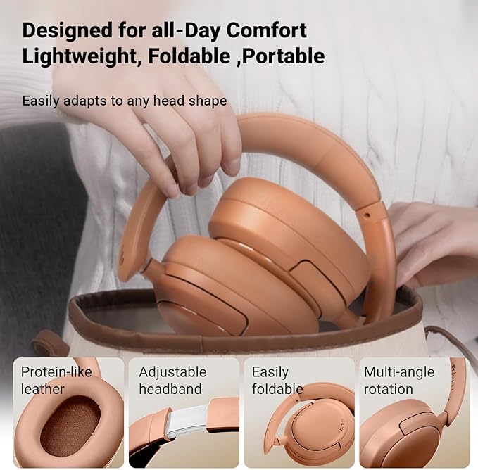 Edifier V80 Hybrid Active Noise Cancelling Headphones, True Wireless Over Ear Bluetooth Headset with 45H Playtime Hi-Res Audio Fast Charging Multipoint Connection for Travel Home Office (Brown)