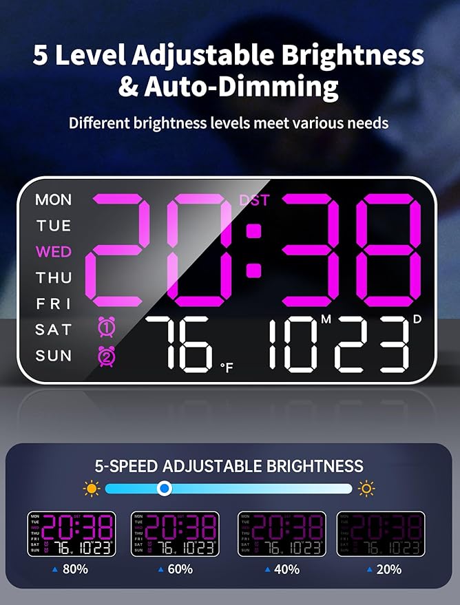 MASHI 8.4''Large Digital Wall Clock, Led Alarm Clock with Big Digits, Date, Temperature, DST, Modern Decor Design for Desk,5-Level Brightness for Room, Bedroom, Gift, Yougster and Elderly (Purple)