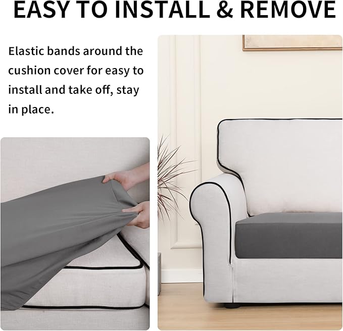 Easy-Going 100% Waterproof Chair Oversized Sofa Seat Cushion Slipcovers Couch Cushion Cover Stretch Furniture Protector for Kids, Pets (3-Piece Oversized Sofa Cushion, Light Gray)