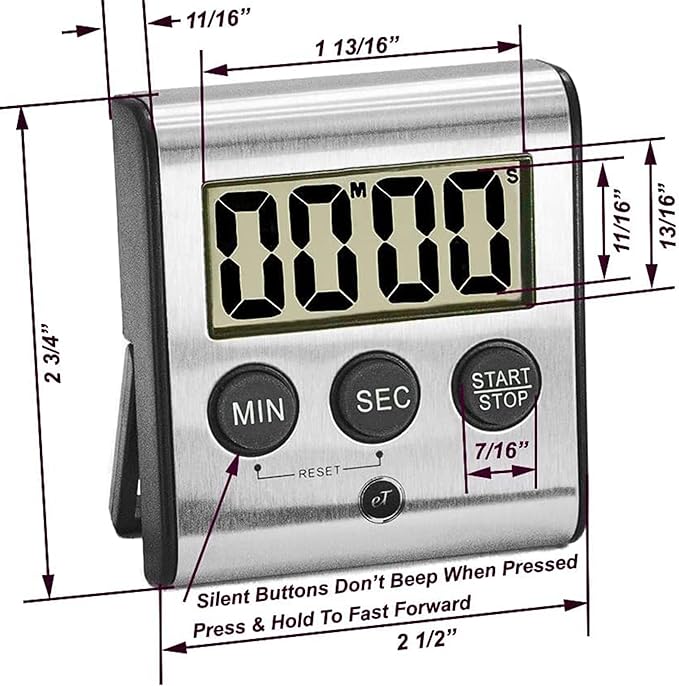 Elegant Digital Kitchen Timer - Stainless Steel Model eT-23, Super Strong Magnetic Back, Loud Alarm, Large Display, Auto Memory, Auto Shut-Off (12-Pack eT-23)