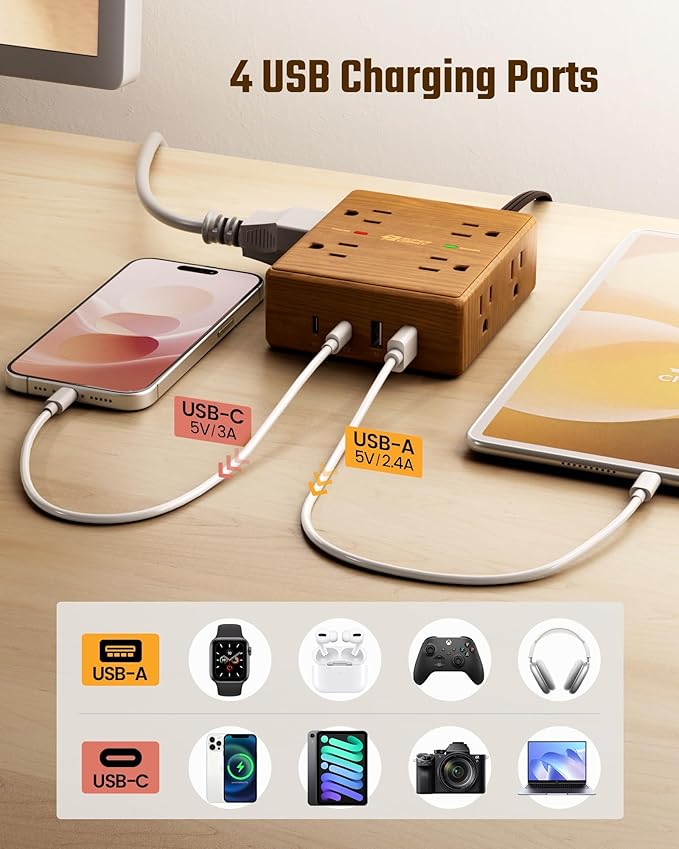 Brown Extension Cord 10Ft, Flat Plug Power Strip Surge Protector, 8 Outlets & 4 USB Ports (2 USB C), Desktop Charging Station Hidden Behind Furniture, Decorative Office Desk Accessories (Wood Grain)