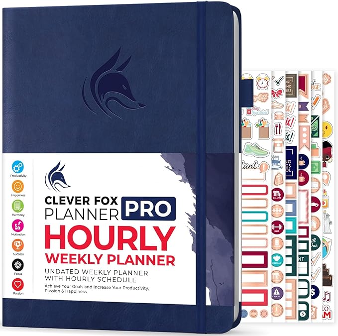 Clever Fox Planner PRO Schedule – Undated Weekly & Monthly Life Planner with Time Slots, Appointment Book & Daily Organizer, A4 (Dark Blue)