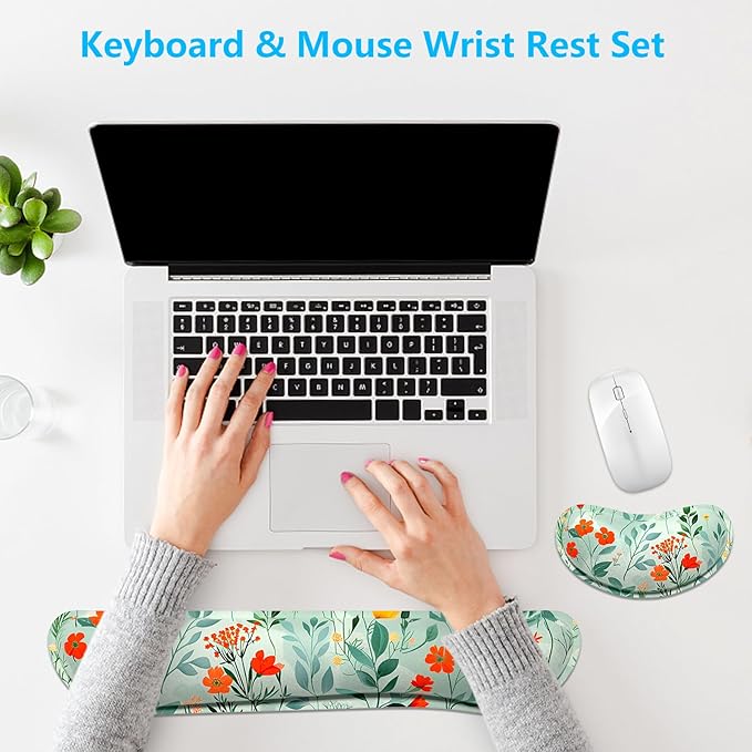 Dapesuom Enlarge Keyboard Wrist Rest, Memory Foam Wrist Cushion for Desk Mats Support, Typing Pain Relief Keyboard Mouse Pad Rests Set with Non-Slip Base for Gaming Laptop Computer, Abstract Flowers