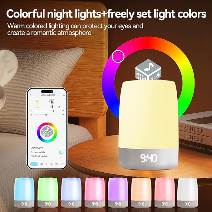 White Noise Sound Machine,White Noise app Night Light,Bluetooth Sleep Music Alarm Clock,Bedroom Nursery Baby Adults Portable Travel Sunset lamp