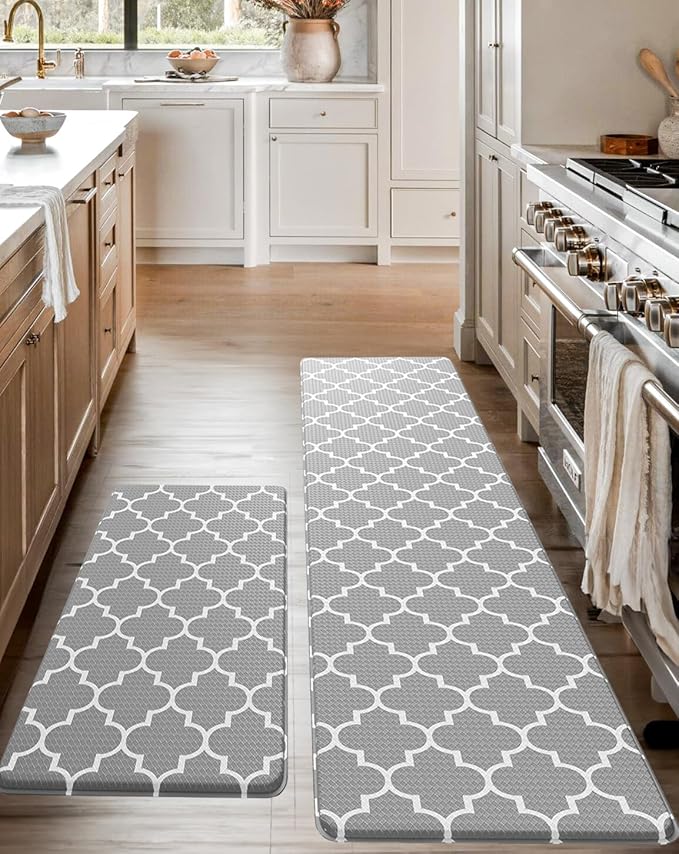 Anti-Fatigue Kitchen Mat Set – 2-Piece Memory Foam Cushioned Mats for Standing – Grey Lantern, 18×30 & 18×60, 0.4 in Thick, Waterproof, Non-Slip – Homergy