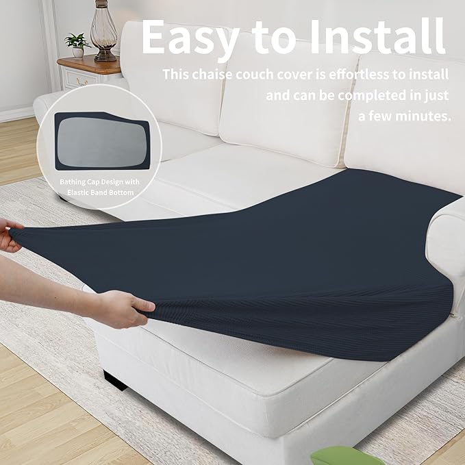 Easy-Going Stretch Sectional Couch Covers 1 Piece Chaise Lounge Slipcover L Shape Separate Cushion Couch Seat Chaise Cover for Both Left/Right Sectional Couch Dark Blue