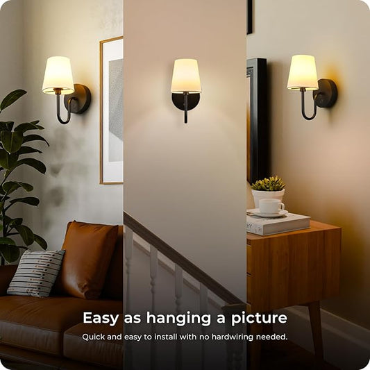 GLOBE Electric 65000132 Rechargeable Battery Wall Sconce, Integrated LED, Matte Black Finish, White Fabric Shade, 3-Step Touch Dimming, Timer, USB-C Charging, Wireless Modern Lighting