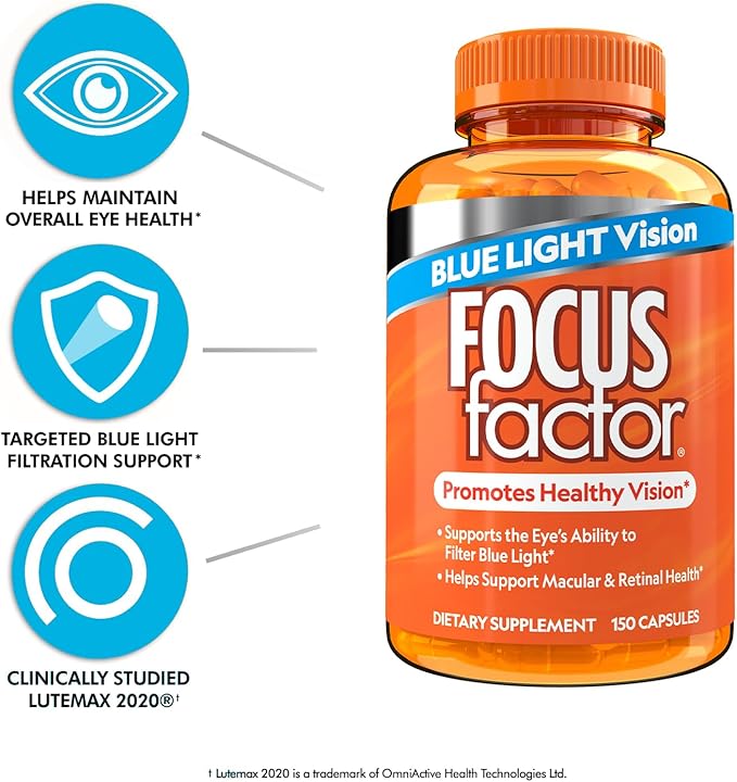 Focus Factor Blue Light Formula (150 Count) - Eye Vitamins with Blue Light Filtration Support - Lutein and Zeaxanthin Supplement with Vitamin C, Vitamin E, Lutemax 2020® - Promote Eye Health