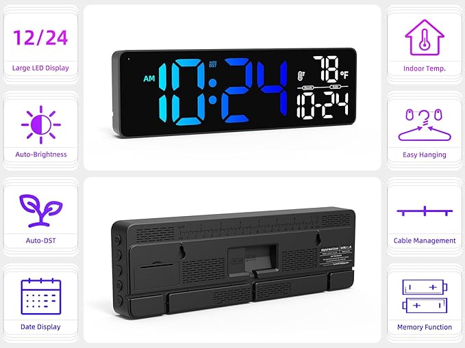 Large LED Digital Wall Clock with Date, Temperature, Auto-Brightness, Auto-DST | Big Digital Clock for Bedroom, Desk, Classroom, Living Room, Kitchen, Office, Gym, Farmhouse, Xmas Gift for Seniors