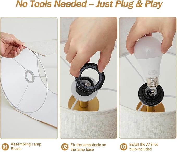 Touch Table Lamp for Living Room Bedroom, 21" Table Lamps Set of 2 with USB C+A Ports, Touch Bedside Lamps for Nightstand with 3 Way Dimmable, 2 LED Bulbs Included, Gold