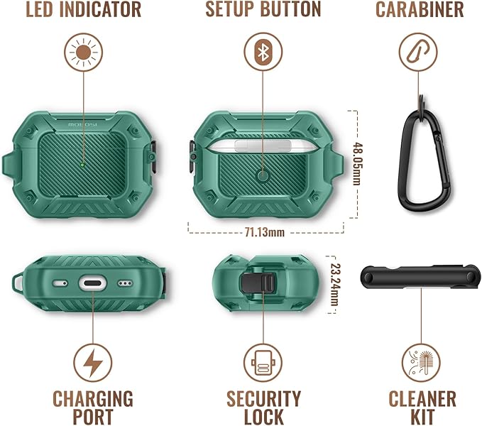 MOBOSI for AirPods Pro Case, Compatible with Airpods Pro 2 Case Cover 2nd/1st Generation with Lock&Keychain&Cleaner Kit, Full Body Shockproof Protective Hard Shell (2023/2022/2019), Light Green