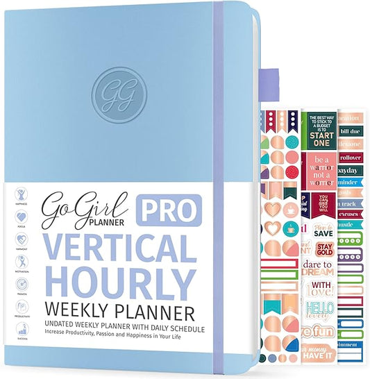 GoGirl Planner PRO Schedule - Undated Planner with Hourly Time Slots, Monthly, Weekly & Daily Organizer, Appointment Book for time Management, 7"x10" Hardcover, Lasts 1 Year - Periwinkle