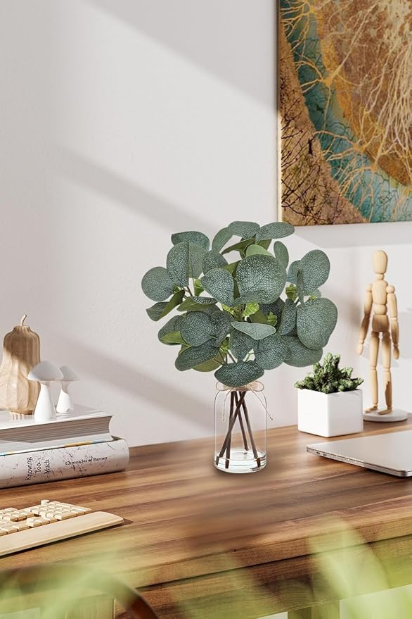 Artificial Eucalyptus Stems in Glass Vase with Faux Water,Artificial Plants Eucalyptus Leaves for Shelf Desk Bathroom Farmhouse Room Coffee Table Home Decor, Central Decoration.