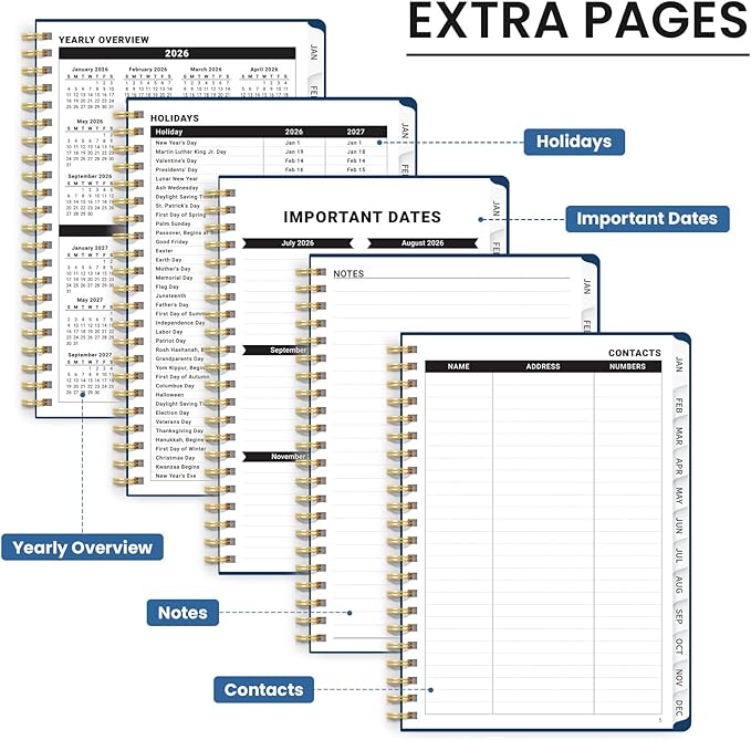 2026 Planner, Monthly and Weekly Calendar Planner for Women, January 2026 - December 2026, Hardcover Pretty 2026 Agenda Planner Book with Tabs, Spiral Bound, Perfect for School Office Home Supplies, 6.3" x 8.5" - Blue Floral