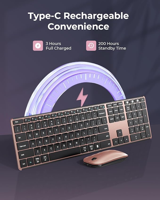 seenda Wireless Bluetooth Keyboard and Mouse Combo (USB + Dual BT), SKM64-3 Multi-Device Rechargeable Slim Keyboard and Mouse, Compatible for Win 7/8/10, MacBook Pro/Air, iPad, Tablet - Rose Gold