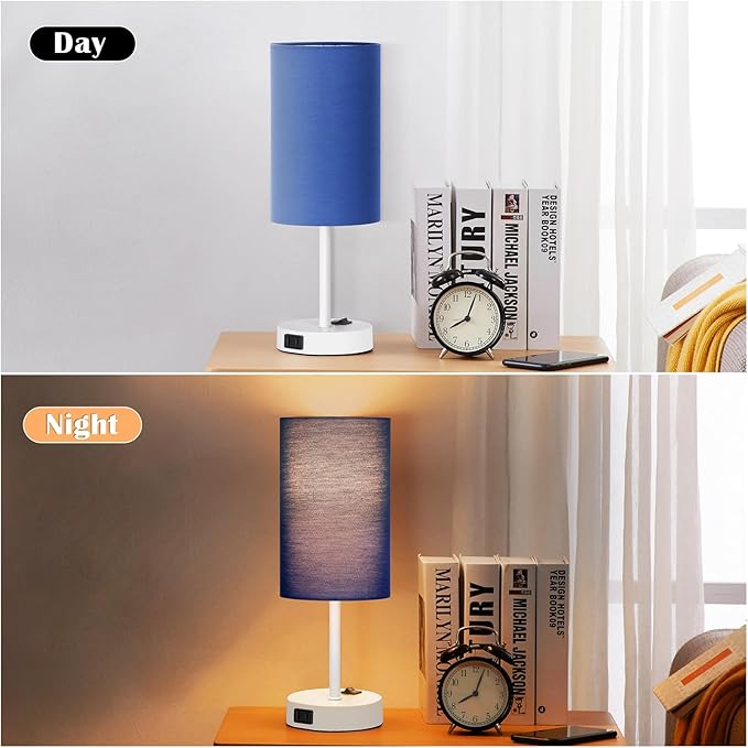 ZJOJO Table Lamp for Bedroom Set of 2, Bedside Small Lamps with 3 Way Dimmable Rocker Switch and AC Outlet, Nightstand Desk Lamp with Blue Fabric Shade White Base for Living Room Home Decor Lights