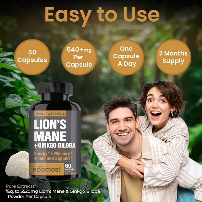 Lions Mane Supplement Organic Capsules - With Ginkgo Biloba - Cognitive Health, Focus & Memory Support - Natural Superfood for Brain, Energy & Immune Health - Non GMO- 60 Caps - 2 Month Supply