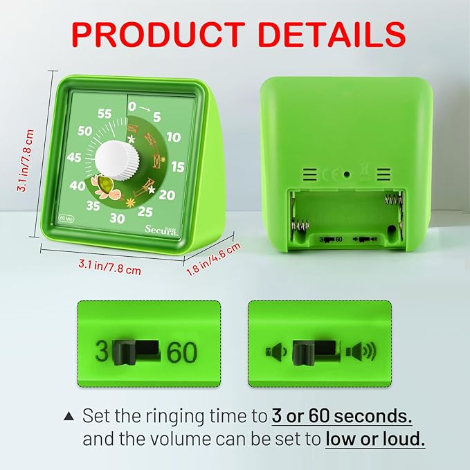 Secura 60-Minute Visual Countdown Timer for Kids & Classroom, Pomodoro Time Management Tool (Green & Green)