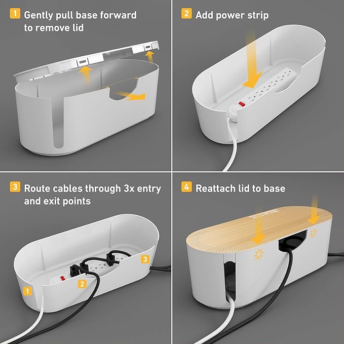 D-Line Cable Management Box, Power Strip Holder, Floor Outlet Hiders, Desk Cord Organizer, Cover TV Wires, Wire Storage, Extension Hider, Office Concealer for Cords - Large, Wood-Effect Lid