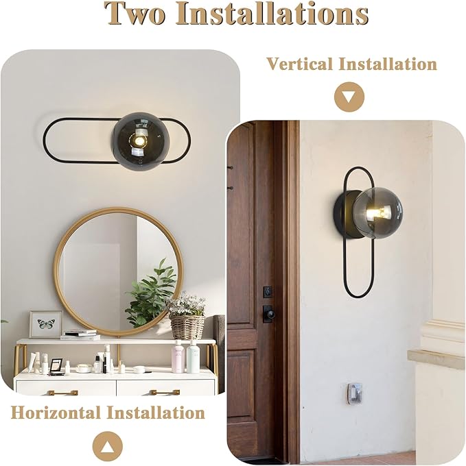 Smoked Glass Wall Sconces Black Bathroom Vanity Light Fixture Vintage Flush Mount Wall Sconce Lighting Mid Century Modern Hallway Sconce Farmhouse Globe Wall Light