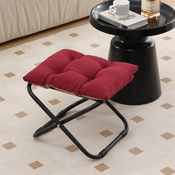 LITA Folding Footrest Stool, Portable Ottoman Foot Rest, Upholstered Small Foldable Ottoman Stool with Detachable Thick Cotton Cushion Padded Sofa Stool for Living Room, Bedroom, Burgundy