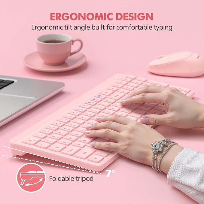 Pink Wireless Keyboard and Mouse Combo for Desktop Mac iPad Bluetooth 2.4 Ghz Rechargeable Slim Silent Click with Number Pad Compatible with Pc, Laptop, Tablet (Pink)