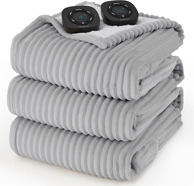 Bedsure GentleSoft Electric Blanket Queen Size - Soft Ribbed Flannel Heated Blanket with Dual Control, Heating with 10 Heat Settings & 10 Time Settings, 8 hrs Timer Auto Shut Off (84"x90", Light Grey)