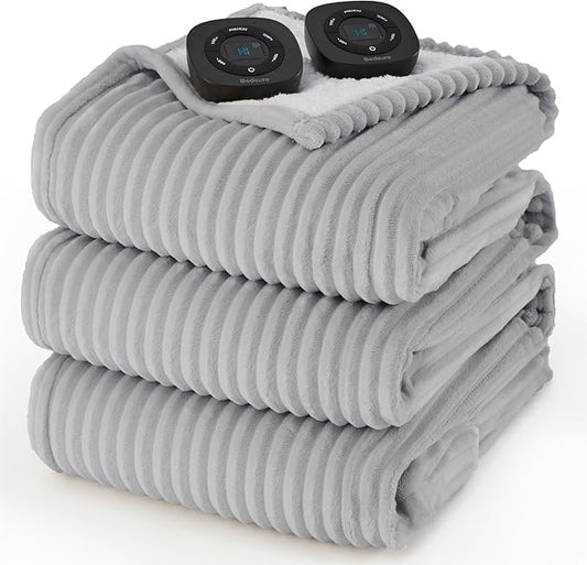 Bedsure GentleSoft Electric Blanket King Size - Soft Ribbed Flannel Heated Blanket with Dual Control, Heating with 10 Heat Settings & 10 Time Settings, 8 hrs Timer Auto Shut Off (90"x100", Light Grey)