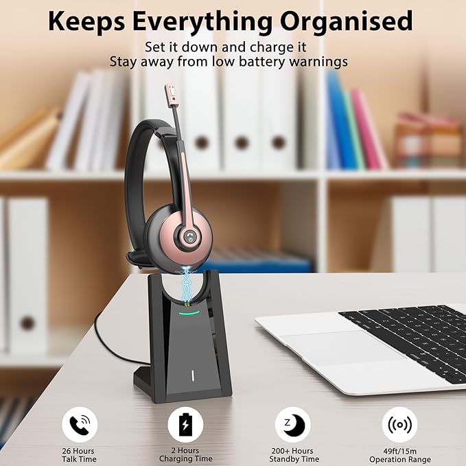 Wireless Headset with Mic for Work, Bluetooth Headset with Microphone Noise Cancelling & Mic Mute, Wireless Headphones with USB Dongle & Charging Base for Work/Home/Computer/Call Center/Office/Zoom