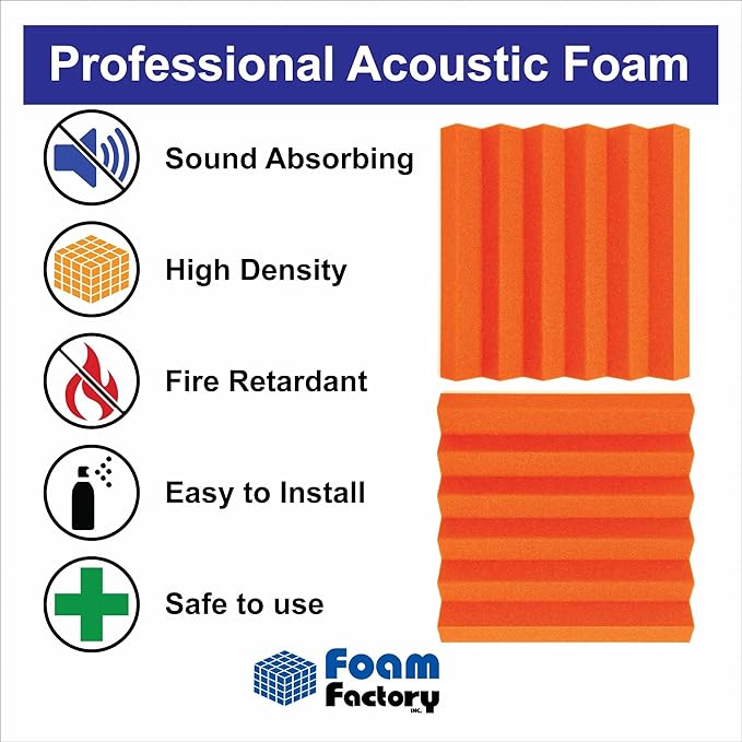 Foam Factory Inc 24 Pack Color Acoustic Foam Panel Studio Soundproofing Wedge Wall Tiles 12” X 12” X 2” (Orange)
