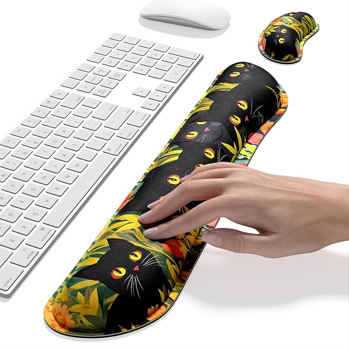 Dapesuom Enlarge Keyboard Wrist Rest, Memory Foam Wrist Cushion for Desk Mats Support, Cute Typing Pain Relief Keyboard Mouse Pad Rests Set with Non-Slip Base for Gaming Laptop Computer, Black Cats