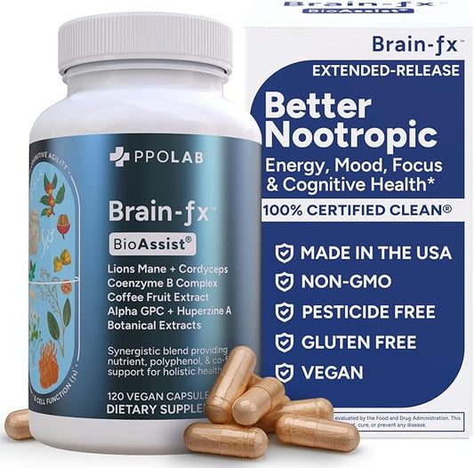 Brain-fx™ B Vitamins & Herbs for Memory and Focus, Nootropic Supplement, Methylated B Complex Choline Bacopa Lions Mane Cordyceps Mushroom Coffee Fruit Extract Alpha GPC L Theanine Huperzine A - 120ct