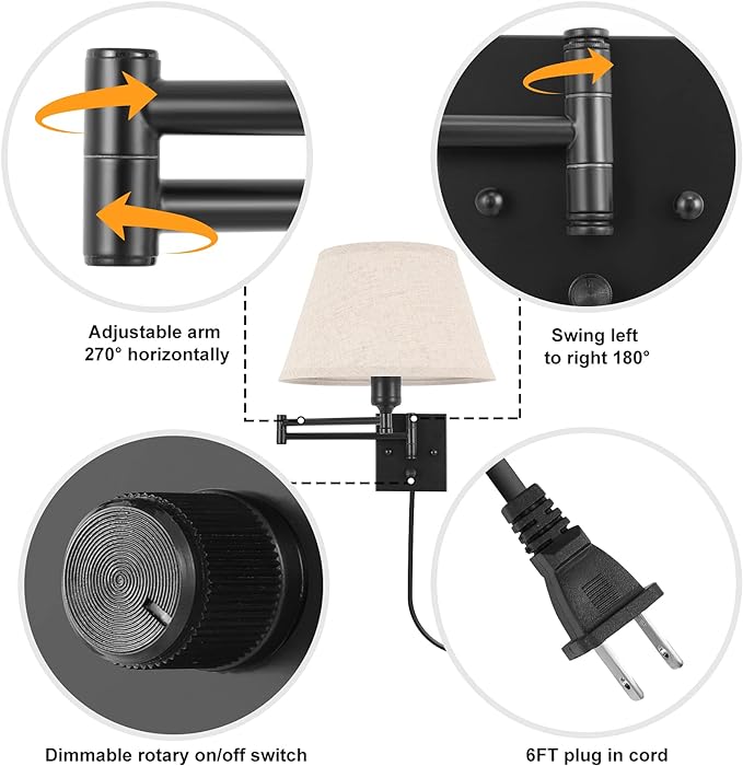 TRLIFE Dimmable Wall Sconce Plug in, Wall Sconces Set of Two Swing Arm Wall Lights with Plug in Cord and On/Off Dimmer Rotary Switch, 11.8" Large Beige Fabric Shade(2 Pack, 2 Bulbs Included)