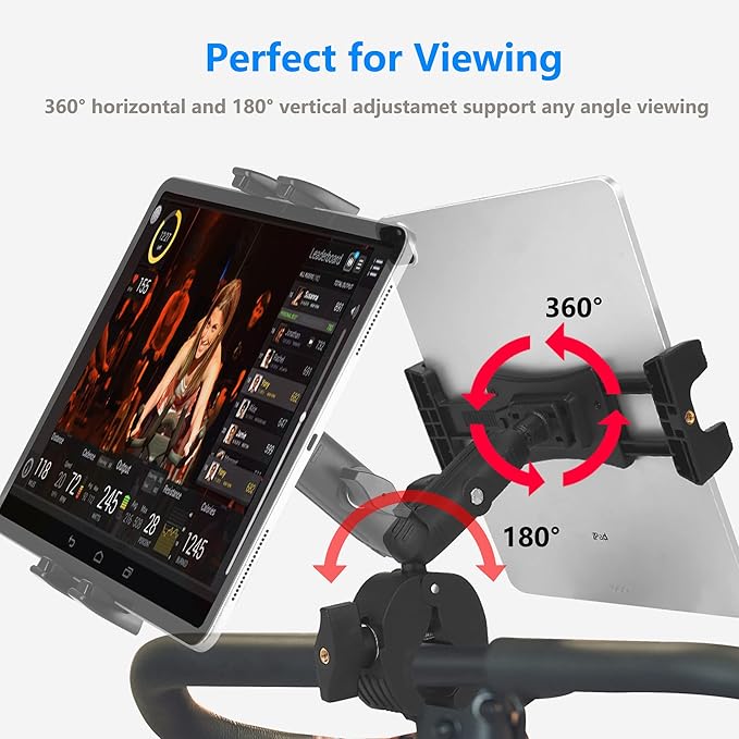 Treadmill Tablet Ipad Holder Bike Handlebar Mount Clamp for Stationary Bicycle Elliptical Spin Bike Peloton Stroller for 4-13" Devices, iPad Pro 12.9, Air, Mini, Galaxy Tabs, iPhone