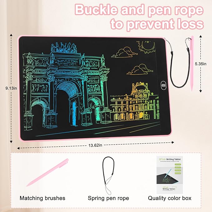 Drawing Tablet 16 Inch LCD Writing Tablet for Kids Adults, Girl Toys Doodle Board Sensory Toys for Ages 3-8 Road Trip Activities Valentines Day Gifts for Kids Women（Pink）