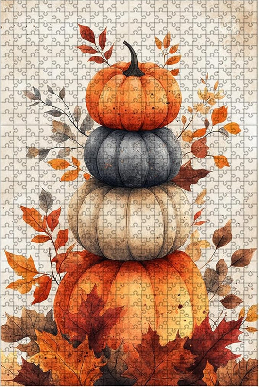 500 Piece Wooden Fall Pumpkin Jigsaw Puzzle Adults & Kids Educational Family Game Stress Relief Brain Teaser to Improve Memory & Cognitive Skills 20.4x15 Inch